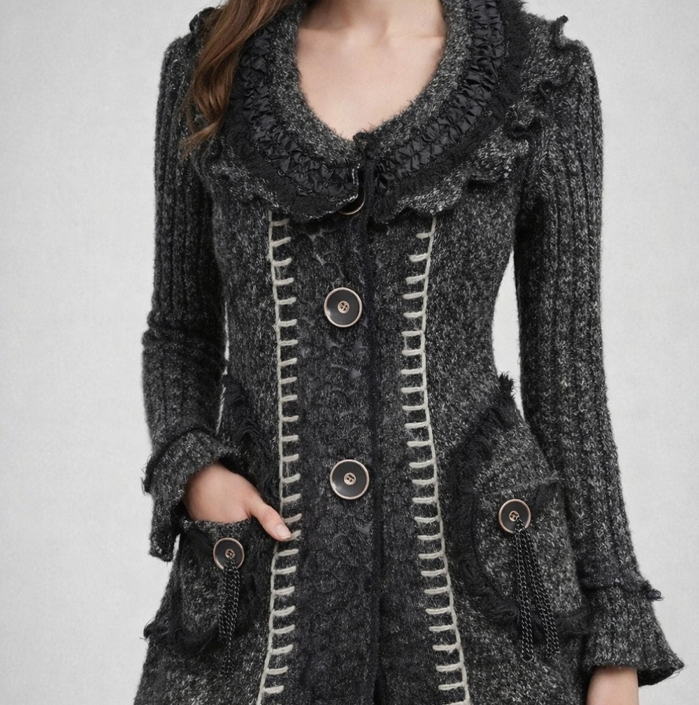 Romantic Knit Cardigan Charcoal Gray Ruffle Trim Vintage Style Button Front Size - Picture 4 of 14
